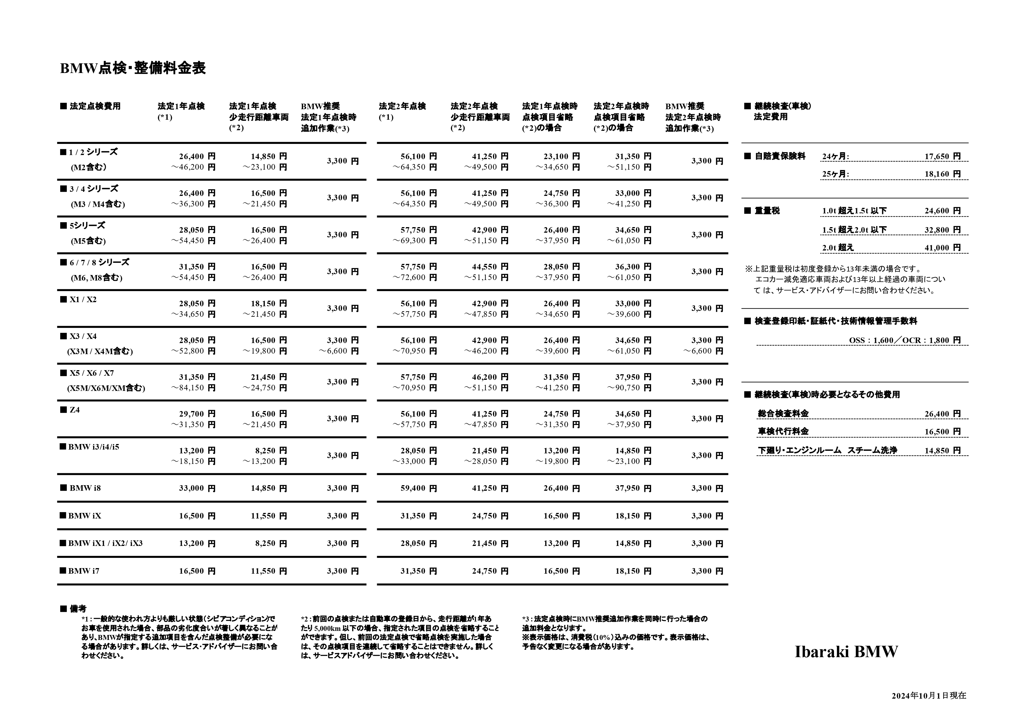 点検整備料金表